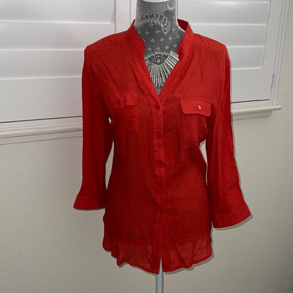 Unique Spectrum Tops - NWT Orange Women's half sleeve button up Blouse Top Orange XL